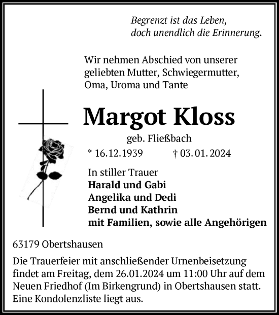 Todesanzeige von Margot Kloss von OF