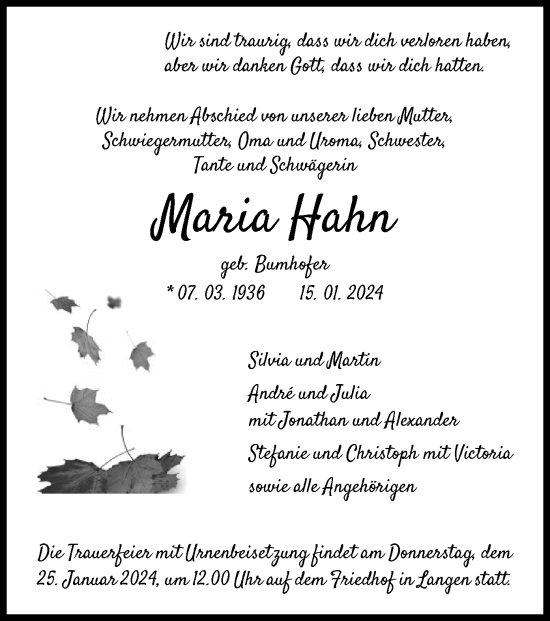 Todesanzeige von Maria Hahn von OF