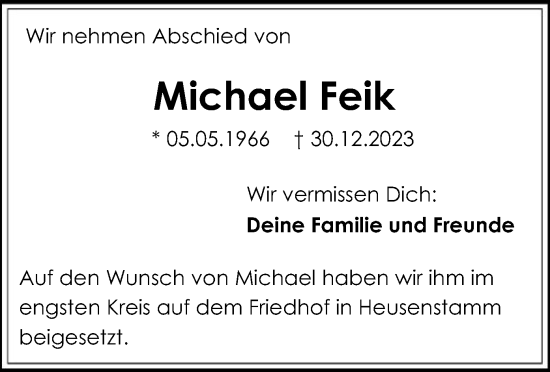 Todesanzeige von Michael Feik von OF