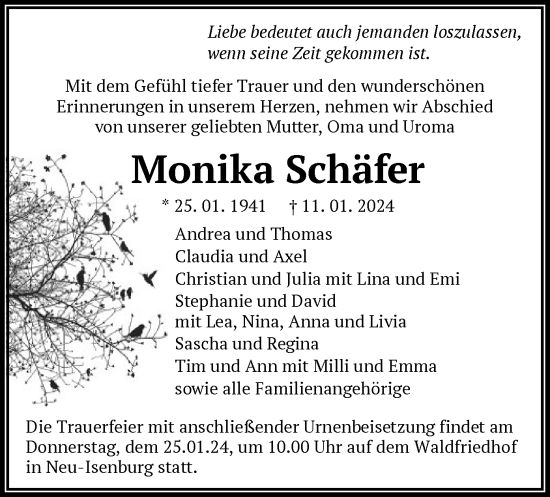 Todesanzeige von Monika Schäfer von OF