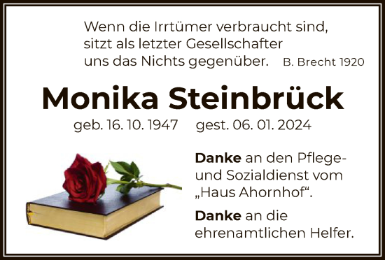 Todesanzeige von Monika Steinbrück von OF