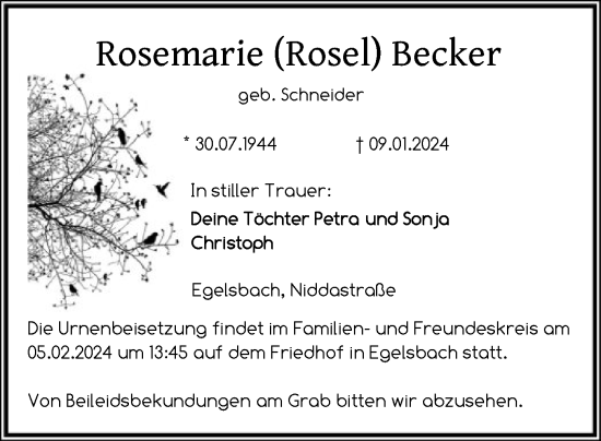 Todesanzeige von Rosemarie  Becker von OF