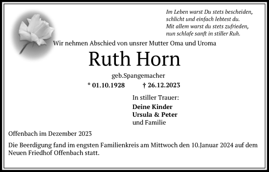 Todesanzeige von Ruth Horn von OF