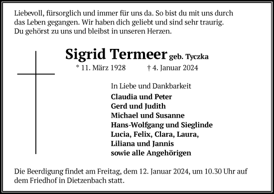 Todesanzeige von Sigrid Termeer von OF