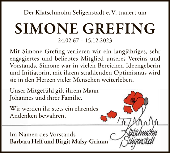 Todesanzeige von Simone Grefing von OF