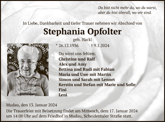 Todesanzeige von Stephania Opfolter von OF