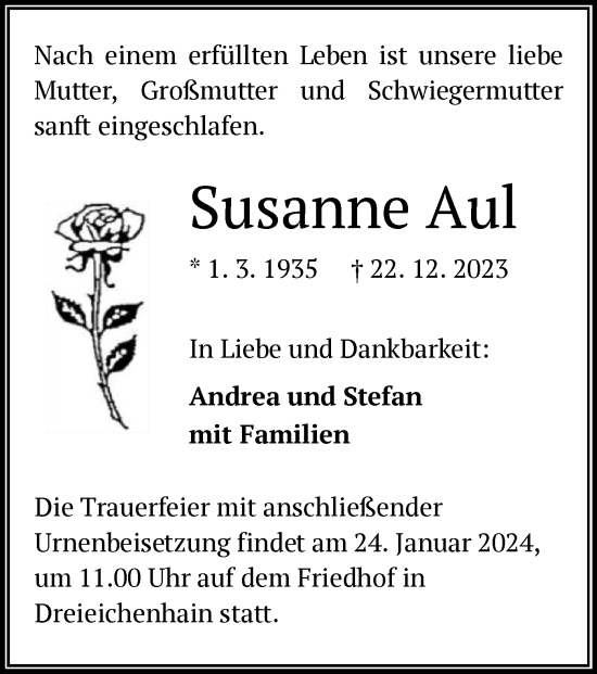 Todesanzeige von Susanne Aul von OF