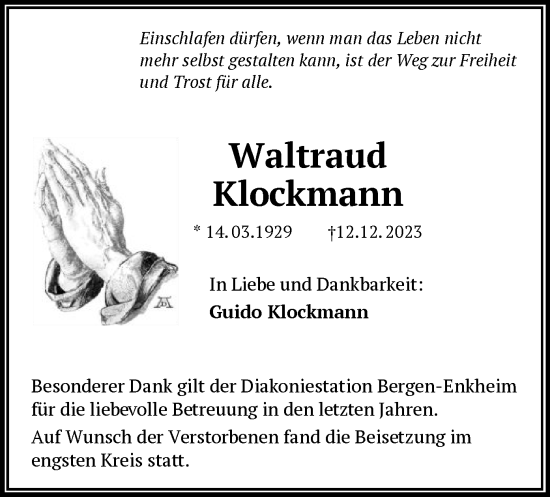 Todesanzeige von Waltraud Klockmann von OF