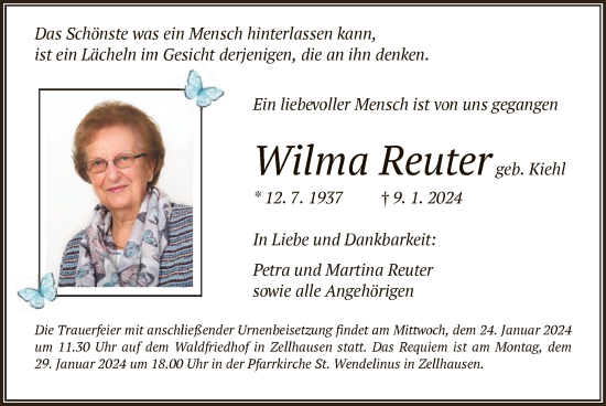 Todesanzeige von Wilma Reuter von OF