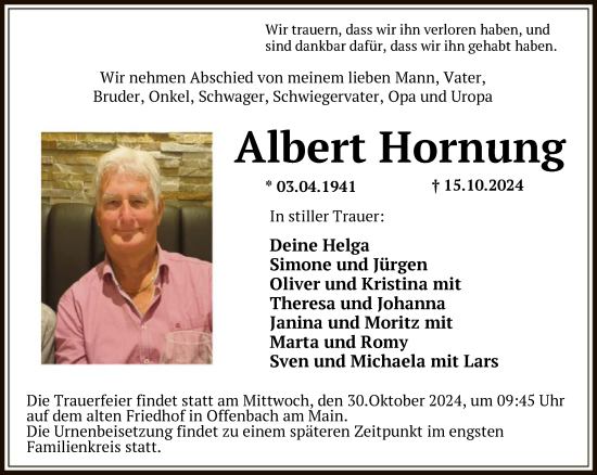 Todesanzeige von Albert Hornung von OF