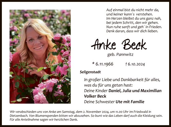 Todesanzeige von Anke Beck von OF