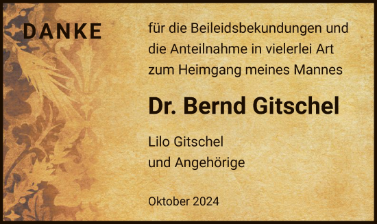 Todesanzeige von Bernd Gitschel von OF