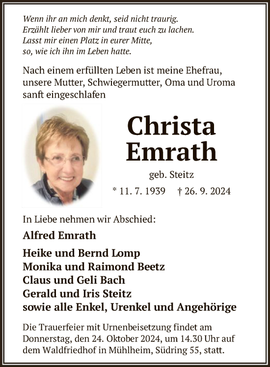 Todesanzeige von Christa Emrath von OF