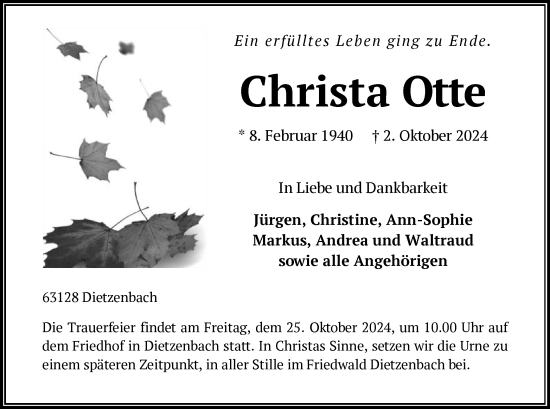 Todesanzeige von Christa Otte von OF