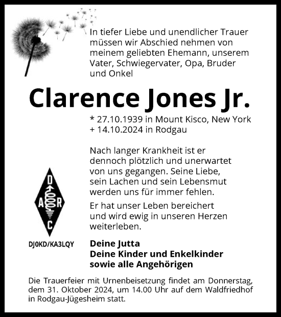 Todesanzeige von Clarence Jones Jr. von OF