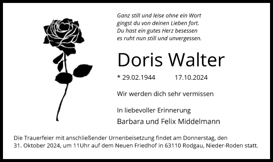 Todesanzeige von Doris Walter von OF