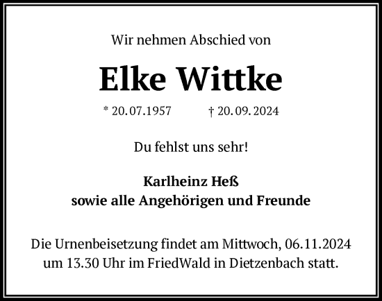 Todesanzeige von Elke Wittke von OF