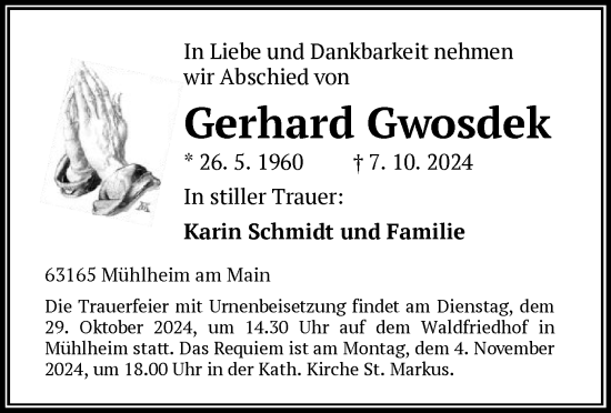 Todesanzeige von Gerhard Gwosdek von OF