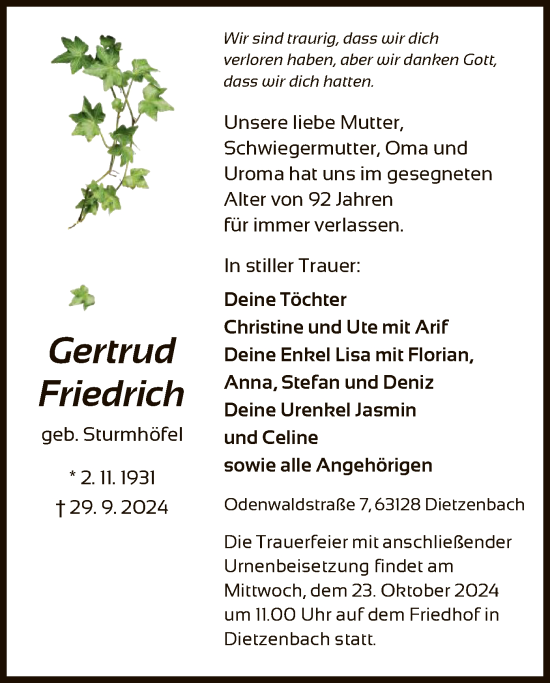 Todesanzeige von Gertrud Friedrich von OF