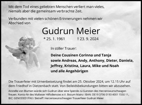 Todesanzeige von Gudrun Meier von OF