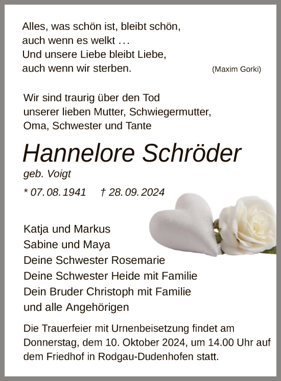 Todesanzeige von Hannelore Schröder von OF