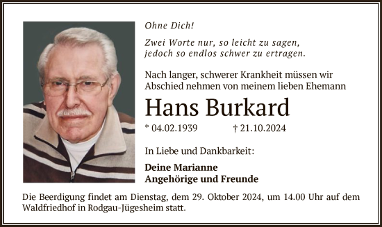 Todesanzeige von Hans Burkard von OF