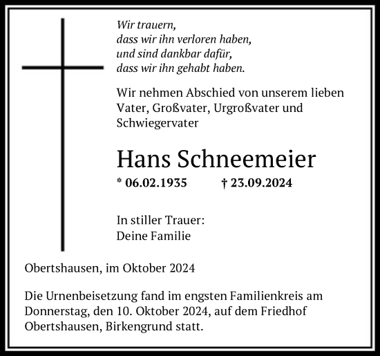 Todesanzeige von Hans Schneemeier von OF