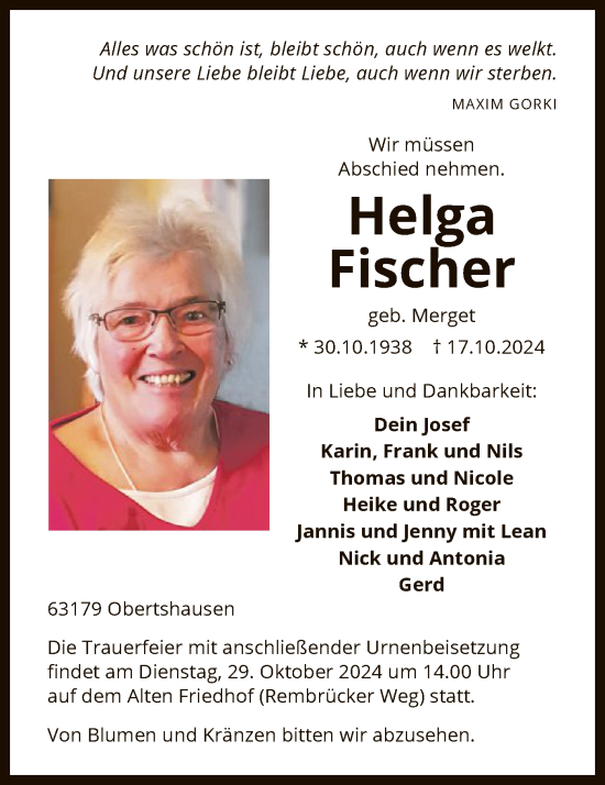 Todesanzeige von Helga Fischer von OF