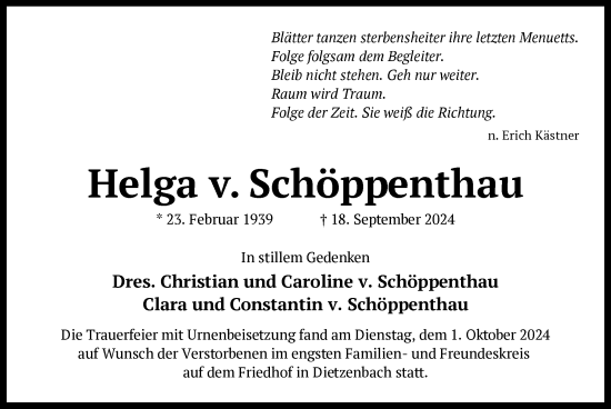 Todesanzeige von Helga v. Schöppenthau von OF