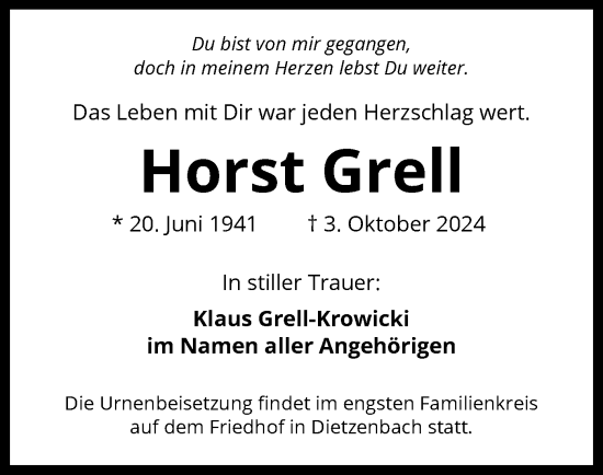 Todesanzeige von Horst Grell von OF