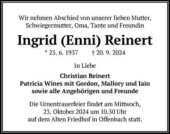 Todesanzeige von Ingrid Reinert von OF