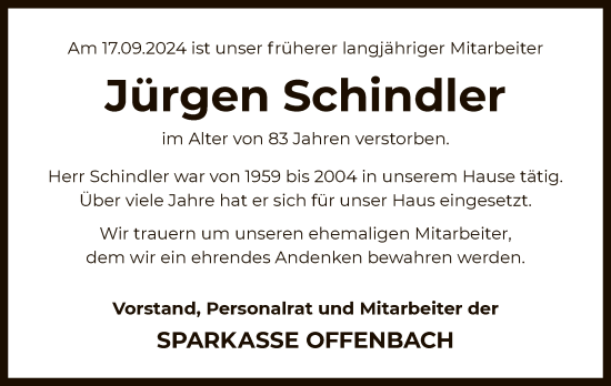 Todesanzeige von Jürgen Schindler von OF