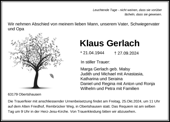 Todesanzeige von Klaus Gerlach von OF