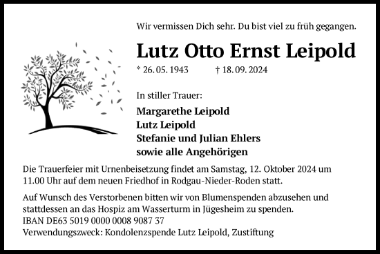 Todesanzeige von Lutz Otto Ernst Leipold von OF