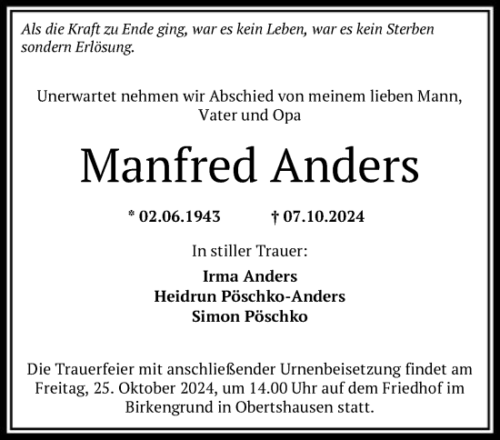 Todesanzeige von Manfred Anders von OF