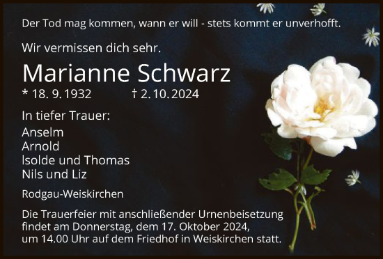 Todesanzeige von Marianne Schwarz von OF