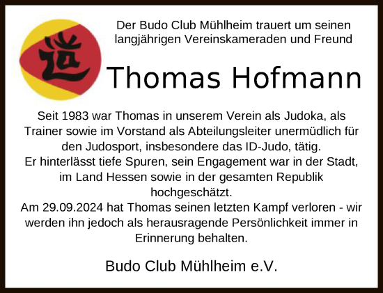 Todesanzeige von Thomas Hofmann von OF