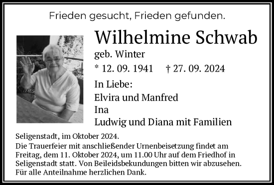 Todesanzeige von Wilhelmine Schwab von OF