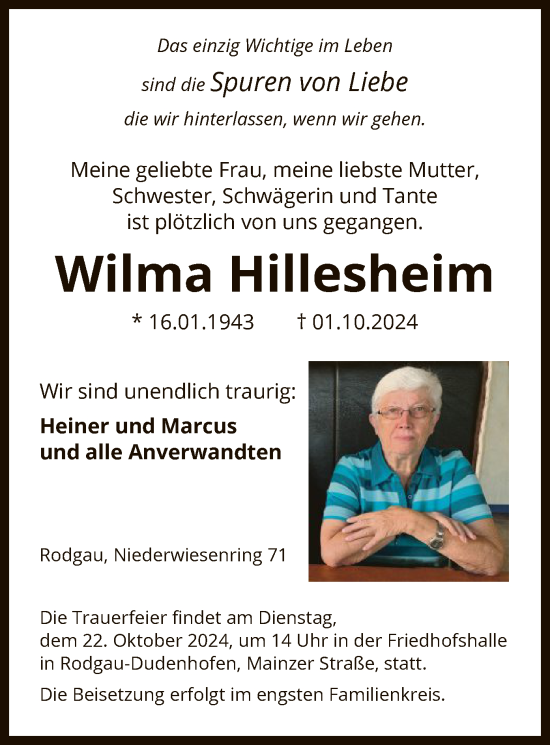 Todesanzeige von Wilma Hillesheim von OF