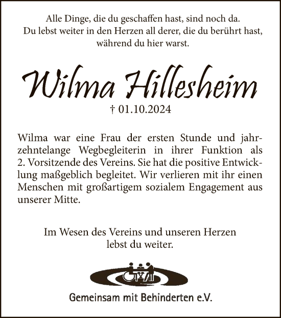 Todesanzeige von Wilma Hillesheim von OFOF