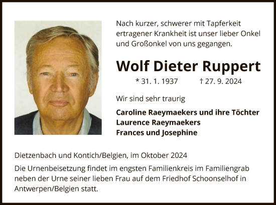 Todesanzeige von Wolf Dieter Ruppert von OF