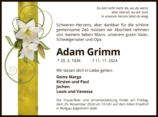 Todesanzeige von Adam Grimm von OF