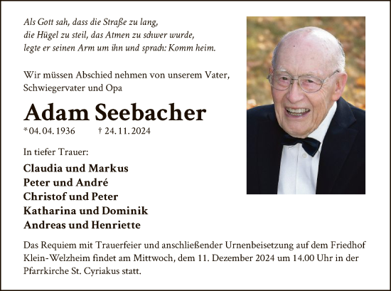 Todesanzeige von Adam Seebacher von OF