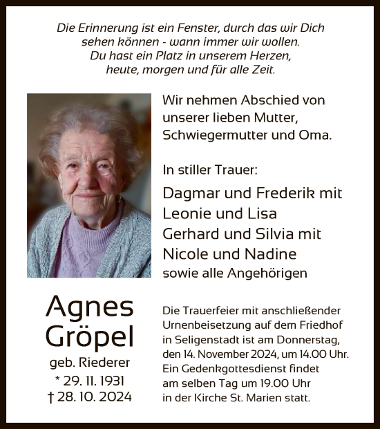 Todesanzeige von Agnes Gröpel von OF