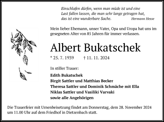 Todesanzeige von Albert Bukatschek von OF