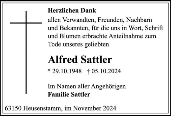 Todesanzeige von Alfred Sattler von OF