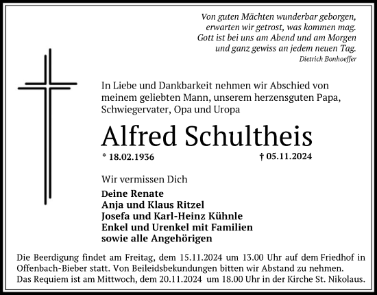 Todesanzeige von Alfred Schultheis von OF