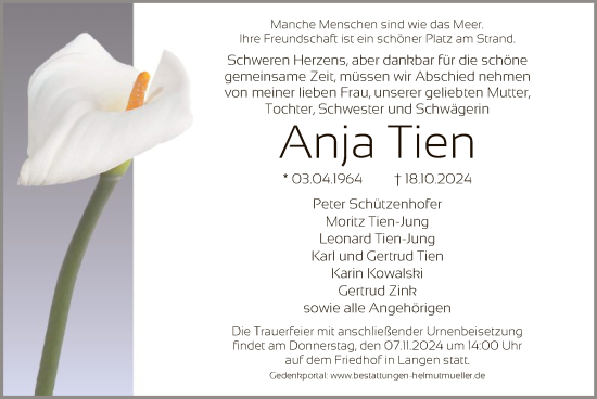 Todesanzeige von Anja Tien von OF