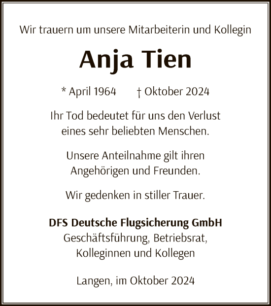 Todesanzeige von Anja Tien von OF