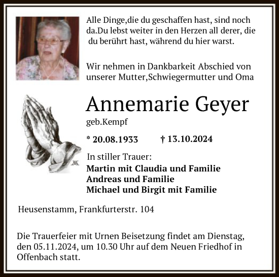 Todesanzeige von Annemarie Geyer von OF